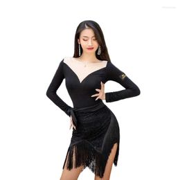 Stage Wear Latin Dance Clothing Wave Point Net Bag Hip Triangle Scarf Hollow Tassel Women Adult Skir