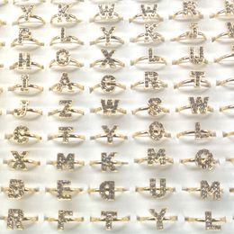 50pcs Gold Colour Letter Rings With Clear Rhinestone Adjustable Size