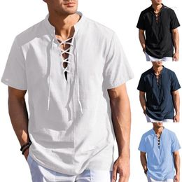 Men's Casual Shirts V-Neck Tie Short Sleeve Henley Men Shirt Solid Colour