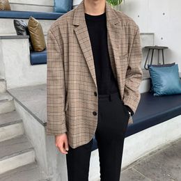 Men's Suits Plaid Blazer Men Oversized Fashion Society Mens Dress Jacket Korean Loose Casual Suit Office Formal Jackets M-2XL