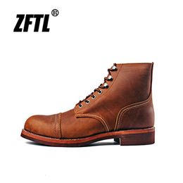 Boots ZFTL Mens Motorcycle Cowhide American Vintage Genuine Leather Desert Male Lace up Couple boots 230829