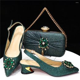 Dress Shoes Dark Green Woman And Bag Set Fashion African Ladies Medium Heels Sandals Match With Handbag Pumps Escarpins Femme CR948