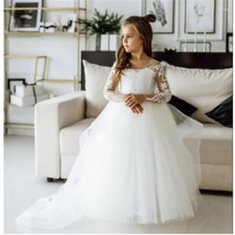 Girl Dresses Long Sleeves Lace Flower Dress Bows Children's First Communion Princess Formal Tulle Ball Gown For Wedding Noble