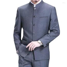 Men's Suits Grey Navy Black Chinese Tunic Suit Stand-up Collar Youth Jacket Pant Dress Banquet Tang Style