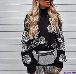 Women's Sweaters Women Sequined Flower Knitted Sweater Loose Turtleneck Sequins Beading Pullovers Sweater Winter Thick Black Tops 230829