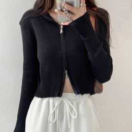 Women's Sweaters Fashion Black Ribbed Zip-up Cardigans Casual Hood Long Sleeve Spring Autumn Sweater Sexy Cropped Tops Knitting Coat