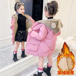 Down Coat 2023 Winter Girls' Cute Litter Bear Cotton Clothing Thickened Plush Warm Hooded Zipper Mid-Length Version 5-14 Years Old