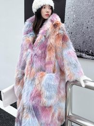 Women's Fur Dream Color Faux Long Loose Lapels Furry Coat Toka Large Pocket Hooded Women Winter