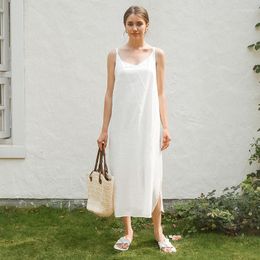 Casual Dresses Cotton Linen Long For Women Solid Sleeveless Back Cross Open Side Party Boho Sundress Roupas Feminina