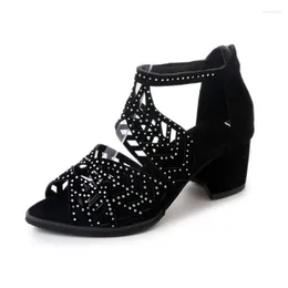 Sandals Style Women Summer Rhinestone Hollow Out Faux Leather Thick Heel Zipper Shoes 2023 Sexy Plus Size Ladies