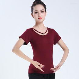 Stage Wear 2023 Adult Women Modern Dance Large Size Latin Top Ballroom Dancing Costmues Training Basic T-shirt Pearl Necklace Neckline