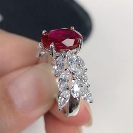 Cluster Rings Glamour Jewellery 3Ct Oval Cut Red Diamond Female Ring AU750 Solid 18K 750 White Gold Fine 212