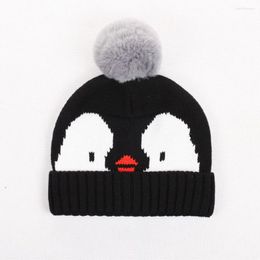 Berets Kid Beanie Winter Knit Hat Boy Girl Warm Real Pompom Cotton Brim Animal Penguin Casual Outdoor Skiing Accessory