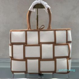 Canvas Tote Shopping Bag Weave Large Handbags Cowhide Leather Fashion Letters Zipper Small Pocket Large Capacity Pockets