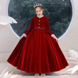 Girl Dresses Burgundy O-Neck Full Sleeves Floor-Length Bow Zipper Back Velvet Kids Party Communion For Weddings A2062