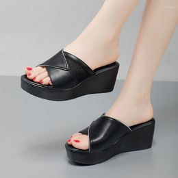 Slippers Small Size 32-43 Comfortable Med Heels Platform Shoes Summer Wedges 2023 Women's Leather Slides For Office Beach Mom