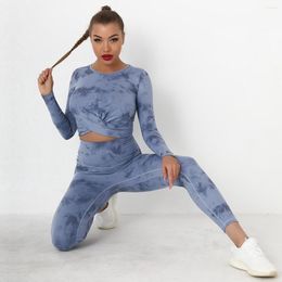 Women's Leggings Tie Dye Sports Set Women High Waist Stretch Workout Long Sleeve Top Gym Seamless Fitness Push Up Suit