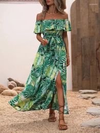 Casual Dresses Off Shoulder Lotus Leaf Summer Retro Party Loose Swing Vintage Elegant Women's Long Dress Print Split