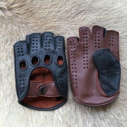 Mittens Arrival Luxury Men SemiFinger Genuine Leather Gloves Men's Driving Unlined Half Fingerless Goatskin For Male Mitten 230828