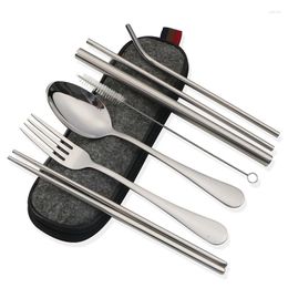 Dinnerware Sets 7pcs Tableware Reusable Travel Cutlery Set Camp Utensils With Stainless Steel Spoon Fork Chopsticks Straw Portable