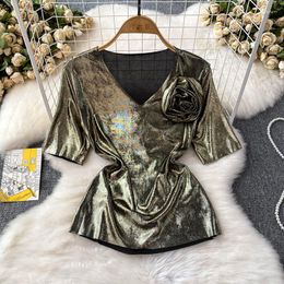 Women's T Shirts Summer Autumn Fashion Light Shiny T-Shirt Women Glossy Short Sleeve T-Shirts Girls Casual Slim V-neck Pullover Tops Tee