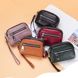 Large Capacity Women's Wallets Genuine Leather Short Coin Purse Leather Zipper Multi-function Card Bag with Wrist Strap