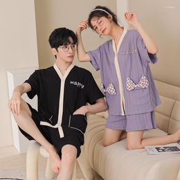 Men's Sleepwear Cute Couple Pajamas Summer Short-sleeved Shorts Cardigan Casual Suit Breathable Cotton Nightgown Can Be Worn Outside