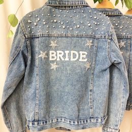 Womens Jackets BRIDE Pearl Denim Jacket with Stars Customised WIFEY Jeans Wedding Coat Woman Personalised Name Blue 230828