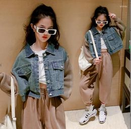 Jackets 2023 Korean Style Girls Denim Patchwork Coat Autumn Winter Knitted Sleeve Fashion Good Quality 3-10t D922