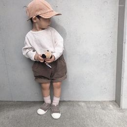 Trousers 2023 Children Spring Autumn Corduroy Half Pants Simple Solid Colour Pocket Loose Casual Cotton Korean Middle