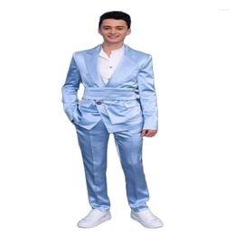 Men's Suits 2-Pieces Men Sky Blue Blazer Satin Peaked Lapel With Belt Wedding Tuxedos Party Wear Fashion Business Slim Fit Formal