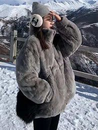 Womens Fur Faux Plush Jacket Women Winter Imitation Rex Rabbit Grass Midlength Loose Thick Hooded Ins 230828