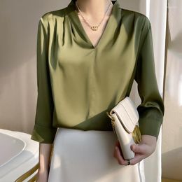 Women's T Shirts Satin Silk Spring/Summer V-Neck 3/4 Sleeve T-Shirt Fashion Solid Color Plus Size Loose Top Pullover