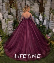 Girl Dresses Burgundy Tulle Velvet Flower Long Sleeve Princess Wedding Party Gown First Communion Dress Size