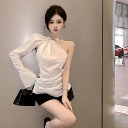 Women's Blouses Sexy Girl White Shirts For Summer One Shoulder Tops Ladies Office Elegant Asymmetric 2023 Blusa Mujer