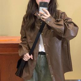 Women's Jackets American Style Retro Brown PU Leather Coat Autumn Thin Fashion Jacket Top Loose Versatile Shirt Long Sleeve