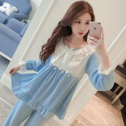 Women's Sleepwear Fashion Pyjama Sets Women Long Sleeve O-neck Lace Patchwork Loose Sweet Princess Cute Spring Casual Household Clothes