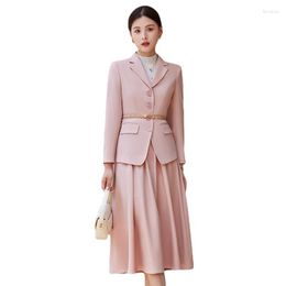 Two Piece Dress Pink Khaki Formal Knee Length Skirt Suits For Women Korean Fashion Slim Blazer Jacket Office Ladies Navy Blue Set