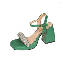 Sandals 2023 Summer Rhinestone Women's Shoes Woman Brand Platform Fashion Green Comfortable Thick Sole Square High Heels