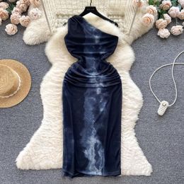 Casual Dresses Summer Women Tie Dye Print Mesh Bodycon Dress Sexy One Shoulder Sleeveless Slim High Waist Pleated Back Slit Midi Party