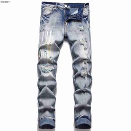 Trendy Men Distinctive Embroidered Jeans American Fashion Brand Stretch Light Colour Printed Pants Painted Leg Stitching Rainbow HKD230829