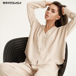 Womens Sleepwear Khaki Pure Cotton V Neck Single Breasted Wide Leg Pants Trouser Suits Drop Sleeves Set Woman 2 Pieces Loungewear 230828