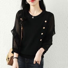 Women's Blouses Korean Gauze Patchwork Blouse 3/4 Sleeve Clothing Commute Solid Colour O-Neck Spring Autumn Button Basic Knitted Shirt