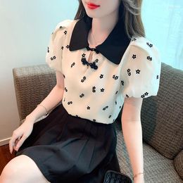 Women's Blouses Korean Style Blusa Floral Short Sleeve Chiffon Blouse Chinese Button Knots Shirt Fashion Top