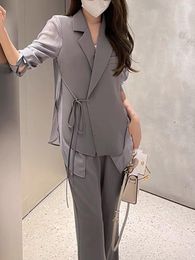 Women's Two Piece Pants Sets Women Outifits 2023 Fall Long Sleeve Turn-down Collar Lace-up Blazer Coat High Waisted Wide Leg Pant Suits