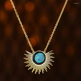 Chains Stainless Steel Golden Bling Turquoise Necklace Vintage Sun Flower Pendant For Women Lover Necklaces Fashion Jewellery Gifts