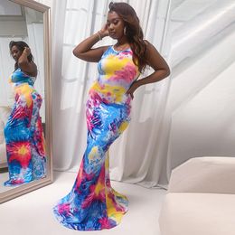 Casual Dresses 2023 Arrival Women Summer O-Neck Mermaid Dress Female Sexy Maxi Sleeveless Backless Girls Tie Dye Print Clothes Outfit