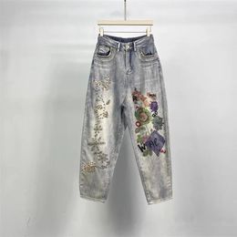 Women's Jeans Fashion National Wind Embroidery Flower Denim Wide Leg Pants Women Personalised Casual Loose Blue 2023 Summer Trousers