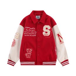 Mens Jackets Vintage Baseball Varsity Jacket Men Women Flocked Embroidery Letter Bone Patchwork PU Leather Red Oversize Coat Autumn 230829