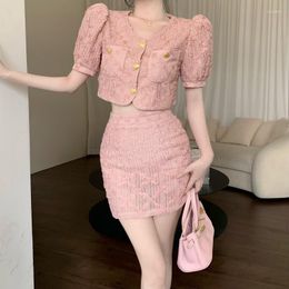 Work Dresses Pink Lace Temperament Top Set Summer Skirt Women Two Pieces Suits